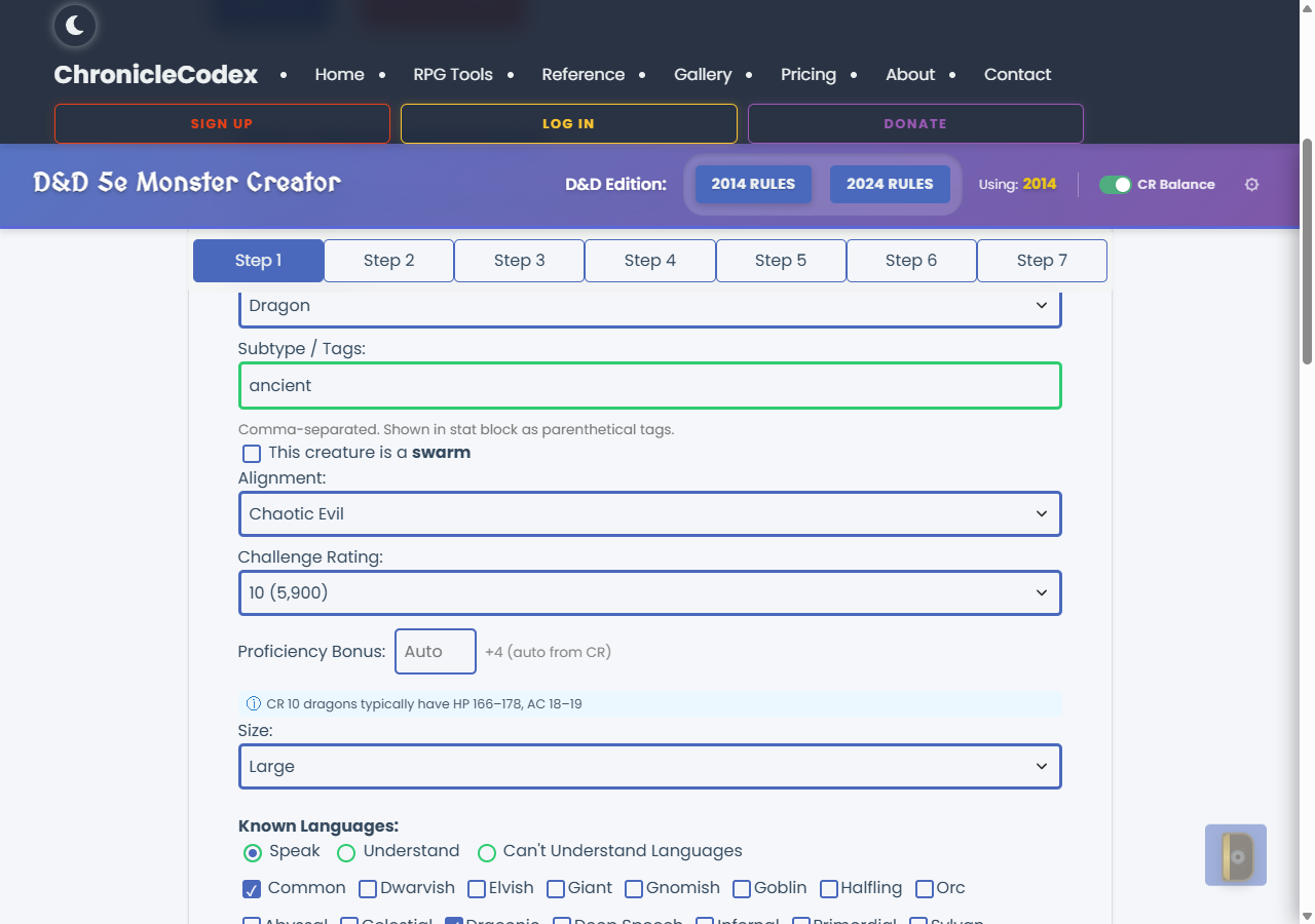 Step 1 of the Monster Creator with a large dragon named Frost Wyrm filled in, showing the 2014 and 2024 rules toggle and a hint reading "CR 10 dragons typically have HP 166–178, AC 18–19".